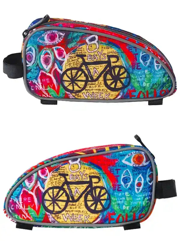 Colorful bike frame bag with graffiti art, bicycle graphic, and '8 Days a Week' text for cycling gear