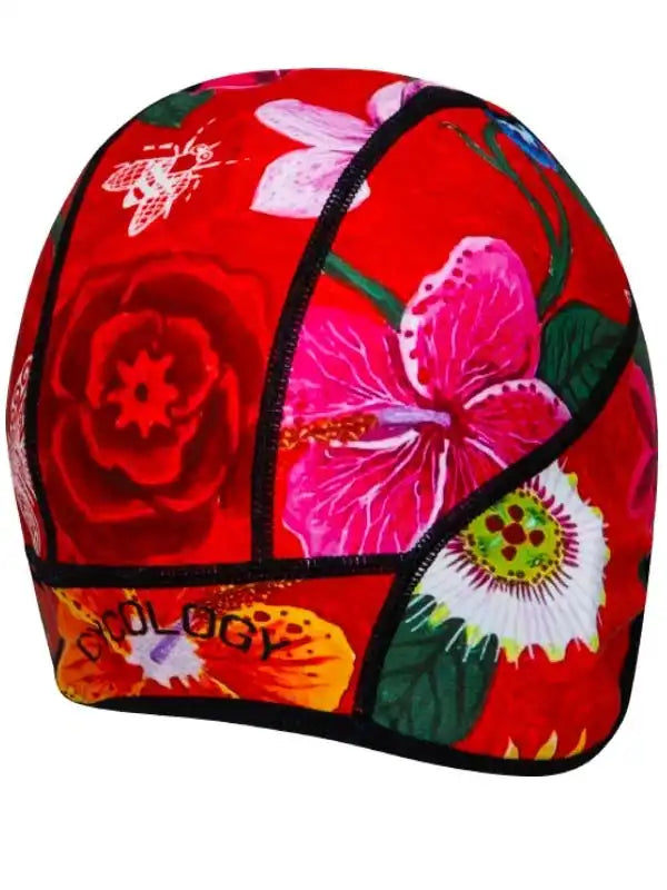 Vibrant floral cycling cap with bold red background and tropical flower prints for men and women