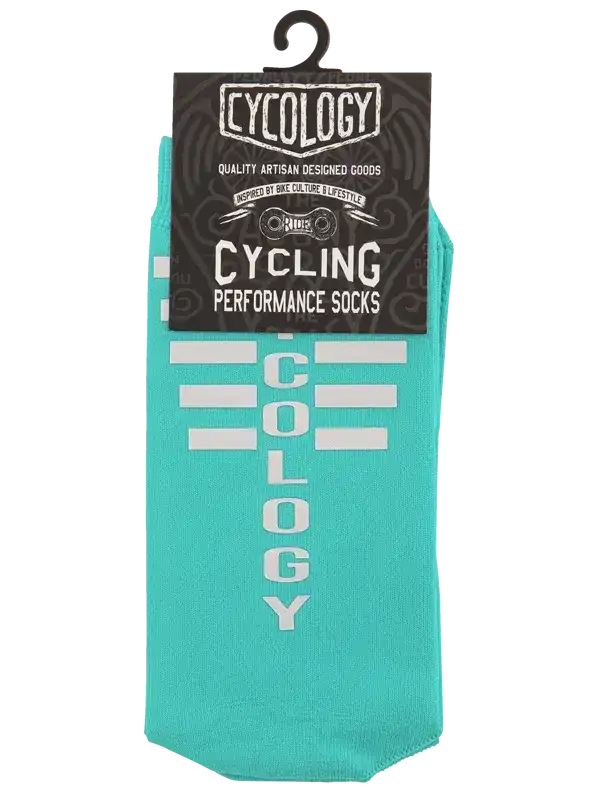 Teal cycling performance socks with white 'Cycology' lettering, designed for bike culture and lifestyle.