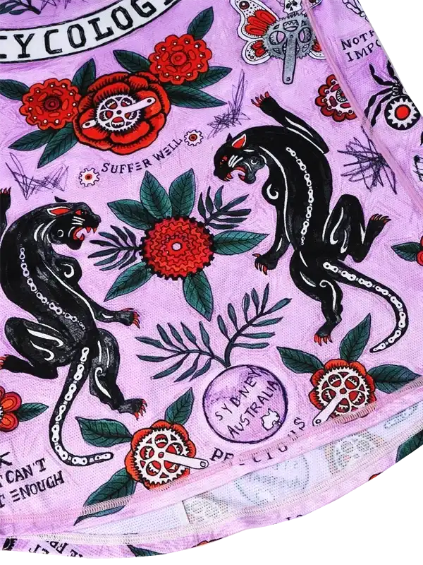 Vibrant purple cycling jersey with black panthers, red flowers, and bike gear designs