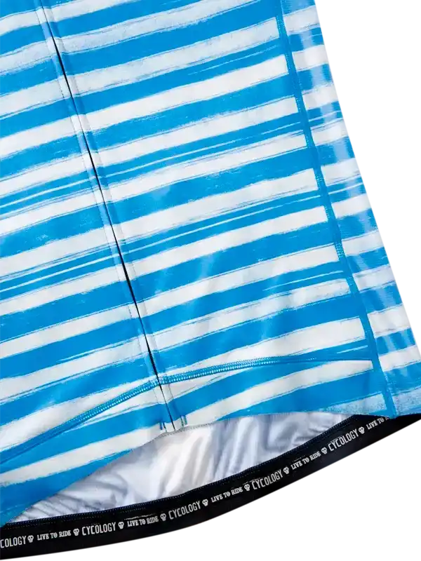 Blue and white striped cycling jersey with 'CYCOLOGY LIVE TO RIDE' hem detail