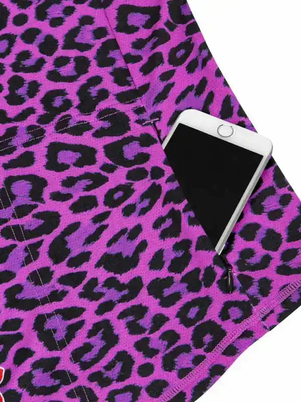 Purple leopard print cycling shorts with phone pocket, stylish women's bike wear