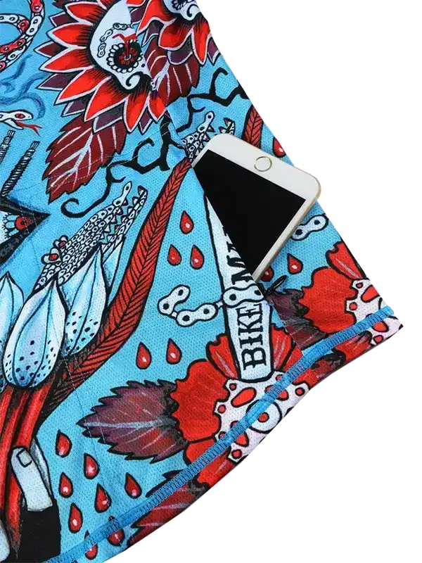 Vibrant cycling jersey with floral and bike chain design, featuring phone pocket for convenience.