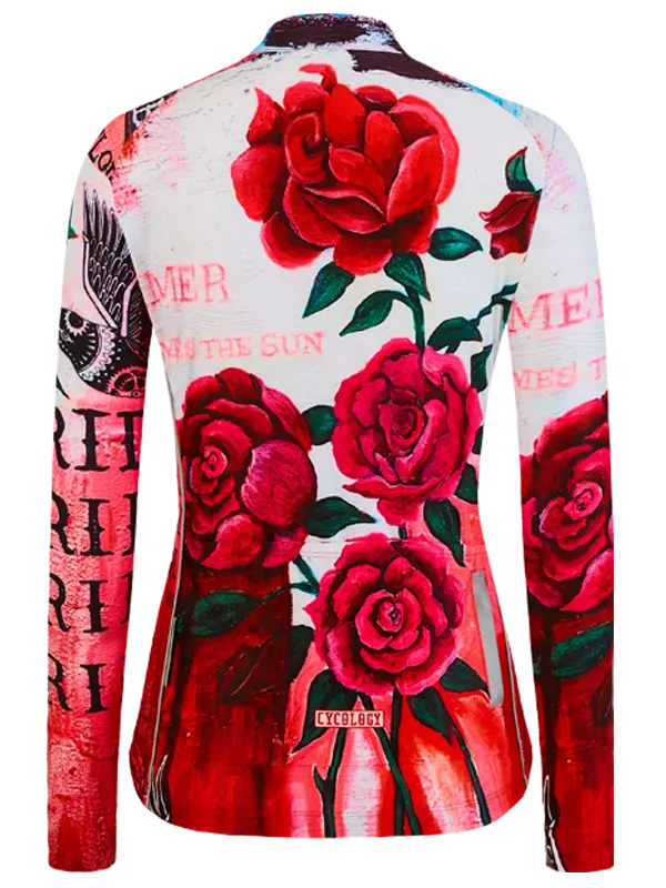 Cycling jersey with long sleeves and a red rose pattern and brand logo on a white background