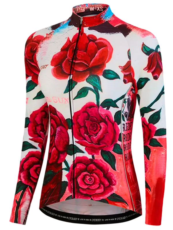 Cycling jersey with long sleeves and a red rose pattern and brand logo on a white background