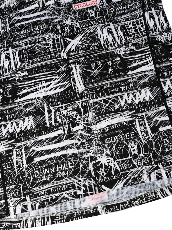 Black and white graffiti-style cycling jersey with bold text and edgy graphics for men and women