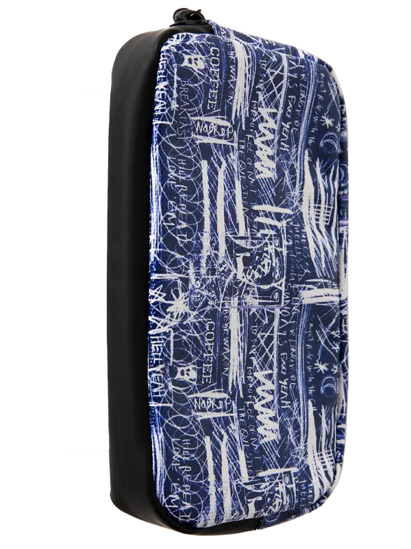 A zippered cycling wallet featuring a navy blue and white abstract scribble pattern with the word 'CYCOLOGY printed vertically in red on the front.