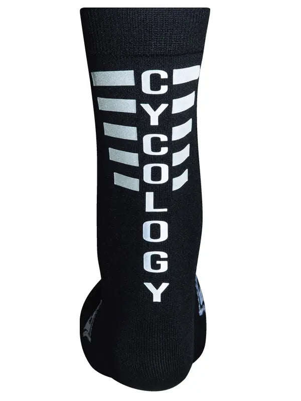 Black Cycling socks with 'Cycology' reflective branding on rear