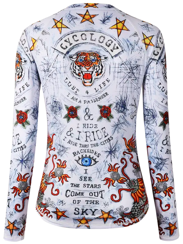 City of Angels White Women's Long Sleeve Mountain Bike Jersey Cycology with colourful tiger design and text on a white background