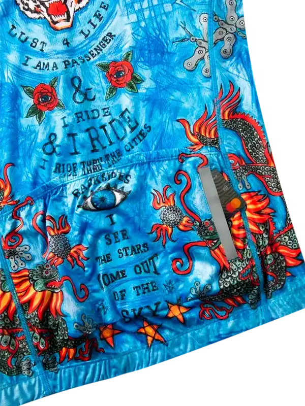 Blue cycling jersey with dragon, roses, and bold text designs for men's and women's bike wear