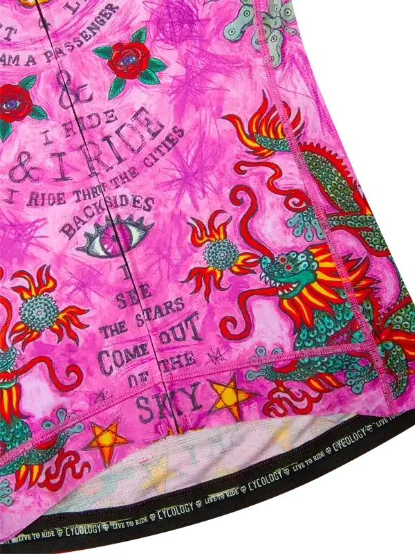 Vibrant pink cycling jersey with dragon, roses, and bold text designs for men and women riders.