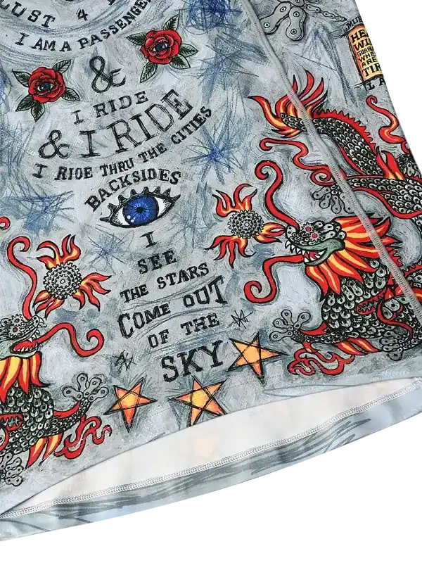 Cycling jersey with dragon, roses, stars, and bold text design for men and women riders.