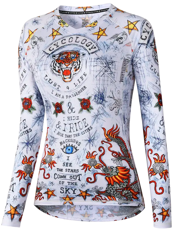 City of Angels White Women's Long Sleeve Mountain Bike Jersey with colorful graphic design on a white background