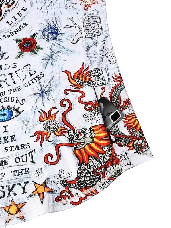 Men's cycling jersey with dragon, roses, stars, and bold text graphics on white fabric