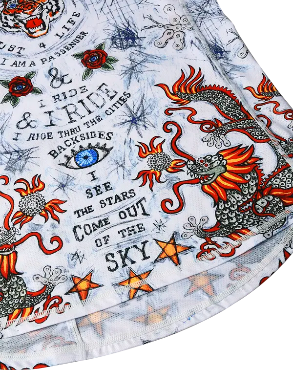 City of Angels White Women's Mountain Bike Jersey with dragon designs, stars, and text on a white background