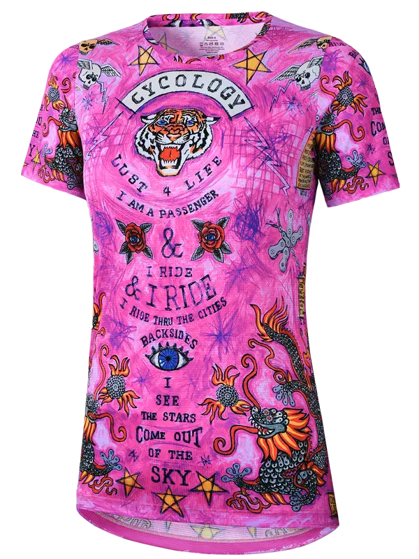 City of Angels Pink Women's Technical T shirt with colorful graphics and text
