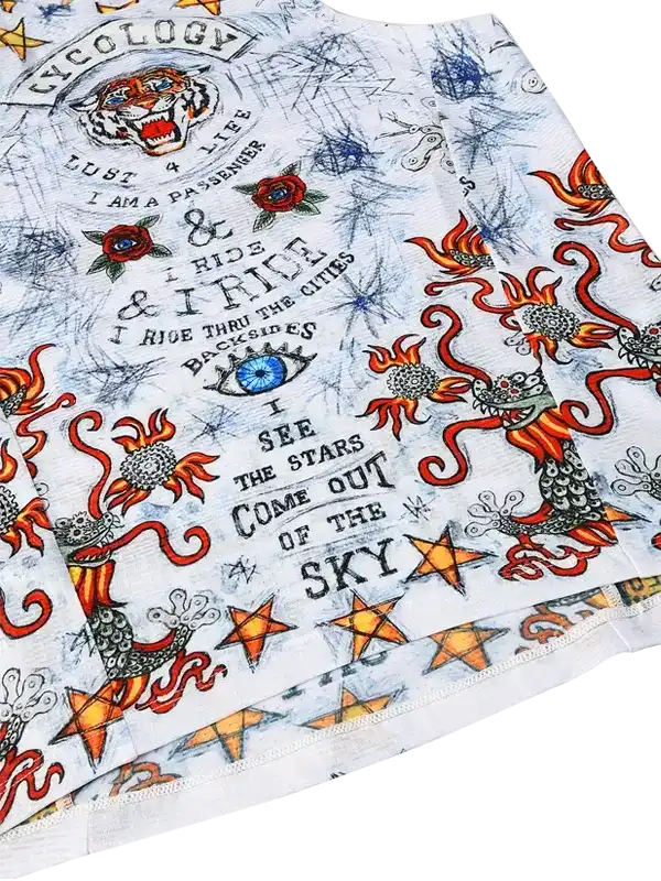Cycling jersey with tiger, dragons, stars, and bold text designs for men and women riders.