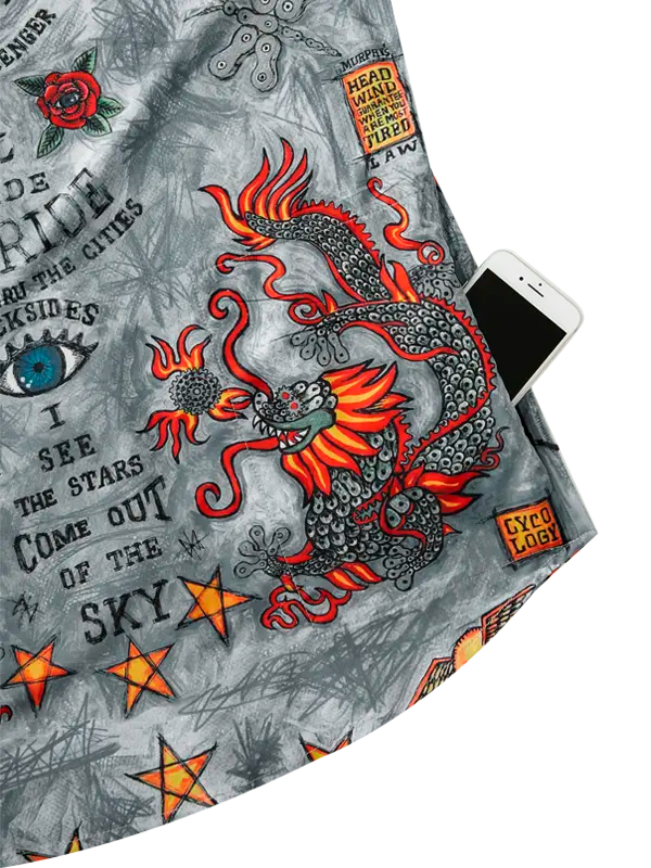 Fabric with dragon design and text, featuring a zip pocket