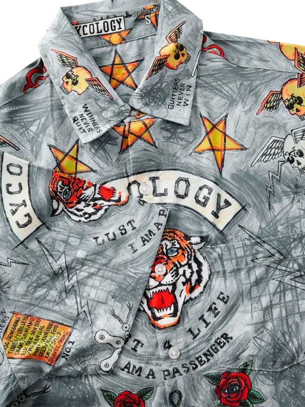 Gray shirt with tattoo-style graphics and text