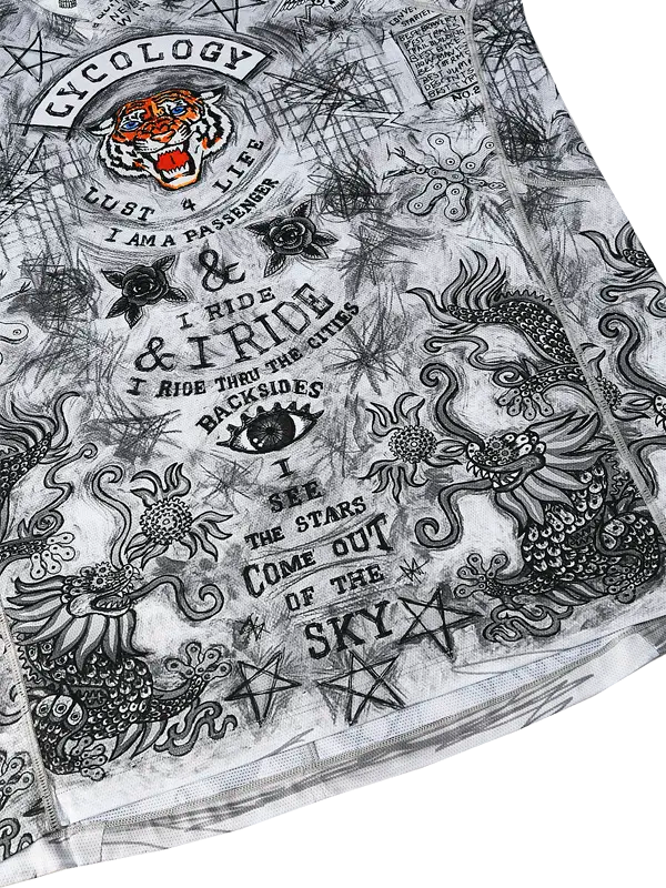 City of Angels Grey Long Sleeve Mountain Bike Jersey tattoo flash art with black and white designs, including text and tiger designs
