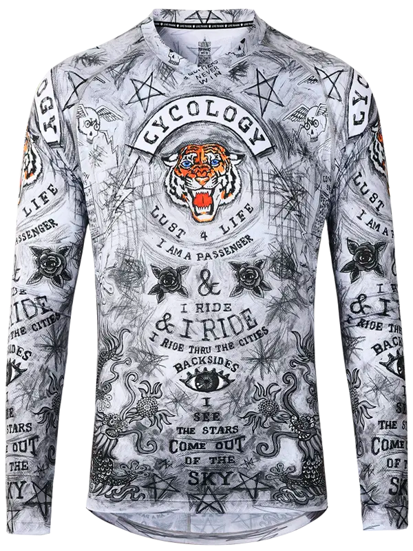 City of Angels Grey Long Sleeve Mountain Bike Jersey with intricate designs and text