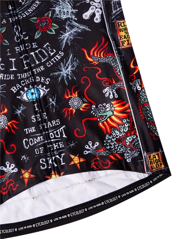 Men's cycling jersey with bold dragon, stars, and text designs on black fabric