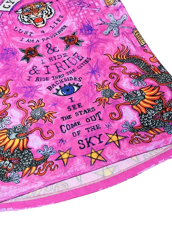 Vibrant pink cycling jersey with dragon, tiger, and star graphics, bold text design for women's bike wear