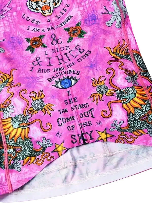 Pink cycling jersey with dragon, roses, and bold text design for men's and women's rides