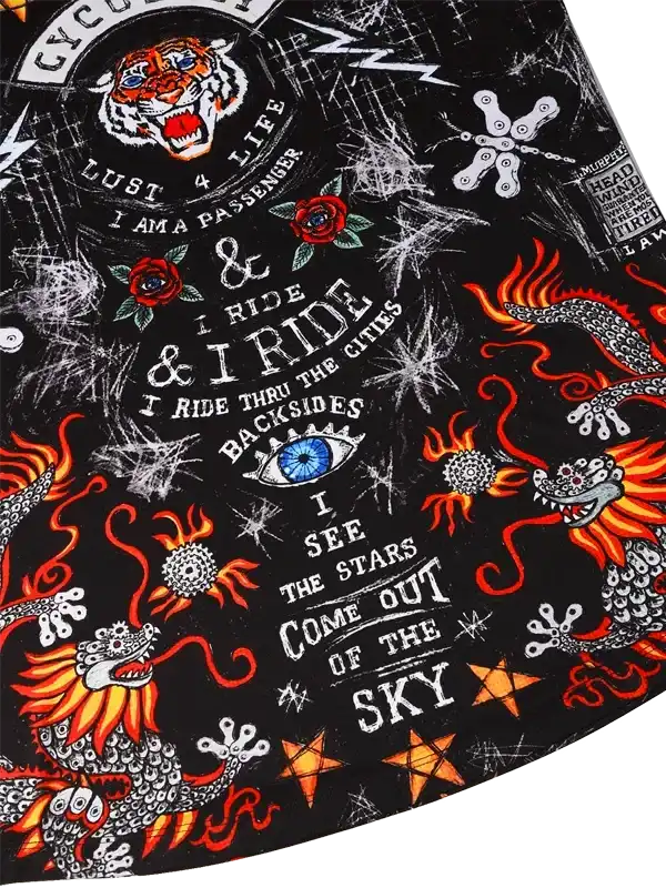Black cycling jersey with fiery dragon, tiger, and stars graphic design for men and women riders