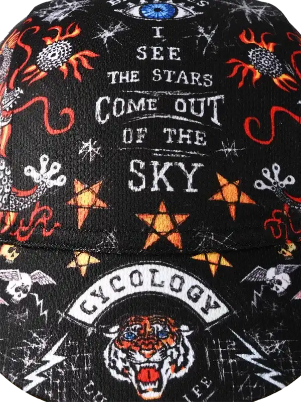 Black cycling cap with bold tiger, stars, and 'I SEE THE STARS' graphic design for men and women