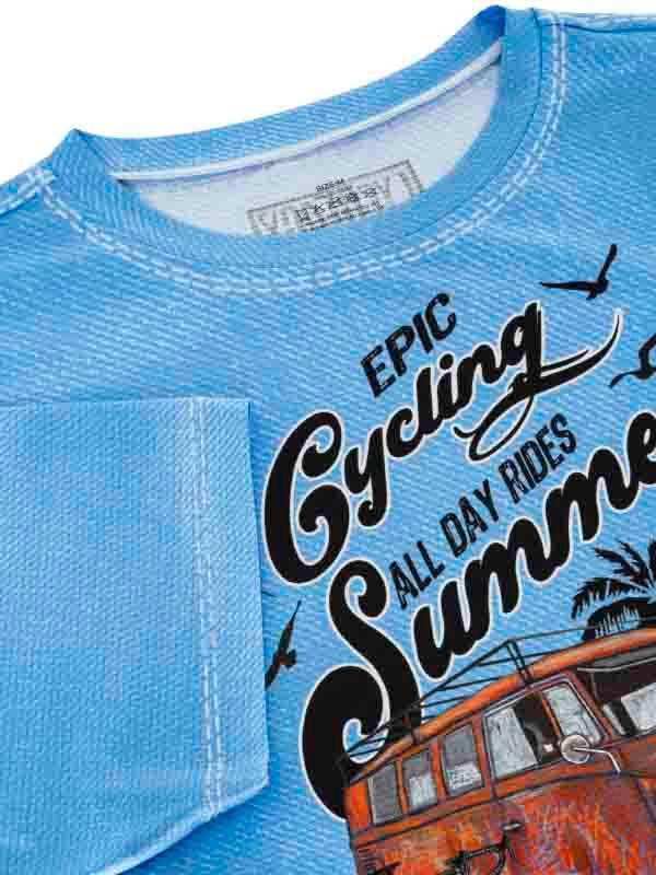 Blue cycling t-shirt with 'Epic Cycling All Day Rides Summer' graphic and vintage bus design