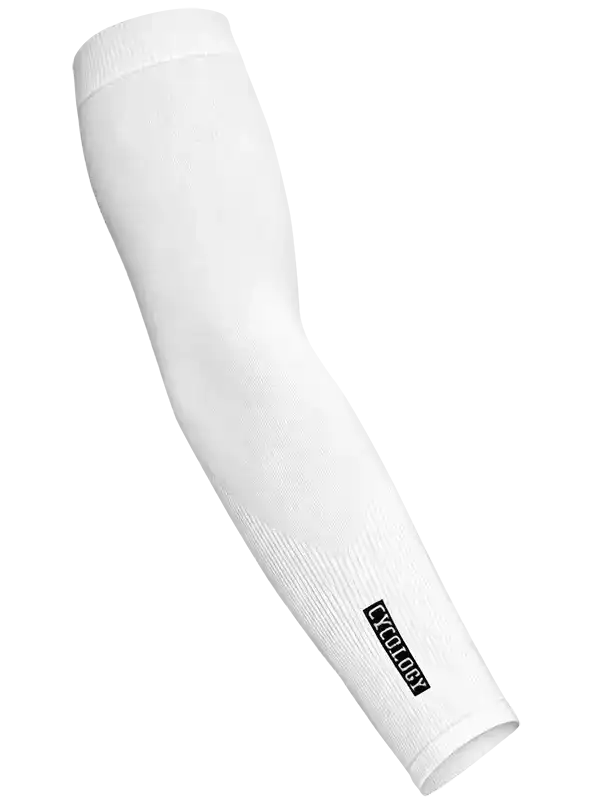 White cycling arm sleeve with Cycology logo, breathable fabric for sun protection and comfort