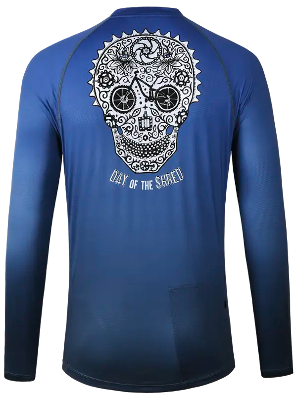 Day of the Shred Navy Long Sleeve Mountain Bike Jersey with a white skull design on the back