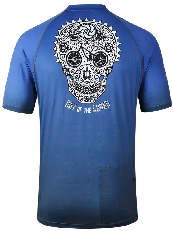 Day of the Shred Navy Men's Long Sleeve MTB Jersey with a black and white skull design on the back,