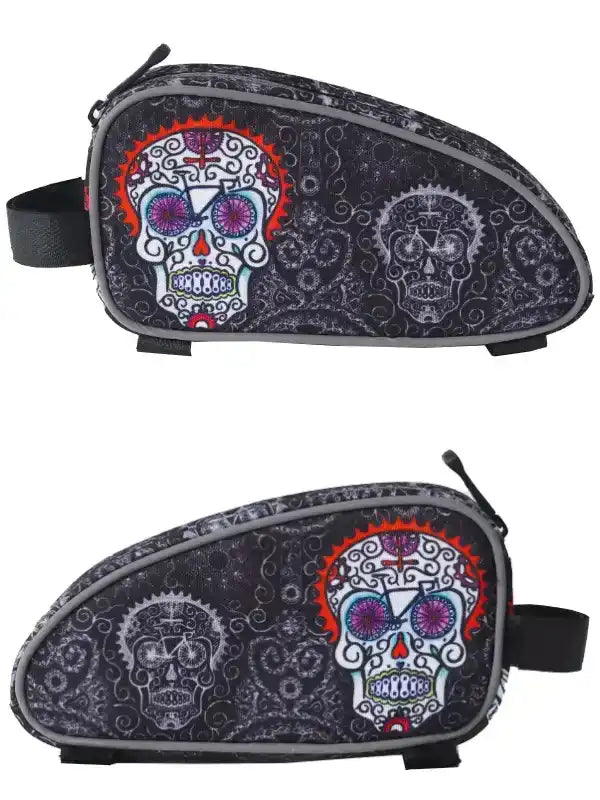 Skull-patterned cycling saddle bag with vibrant sugar skull design for bike seat storage