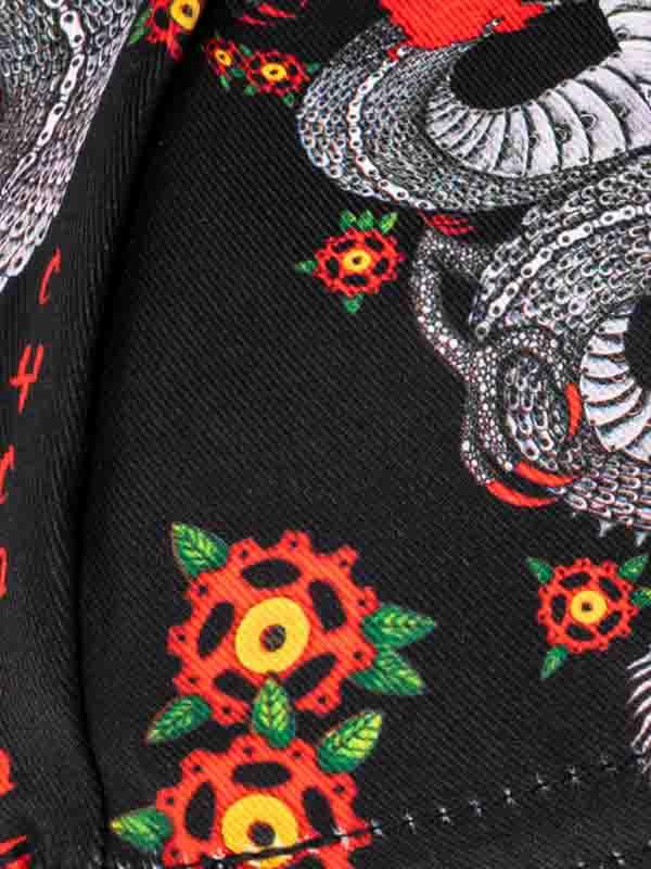Black cycling jersey with red gear flower print and chainlink design, featuring unique mechanical floral pattern.