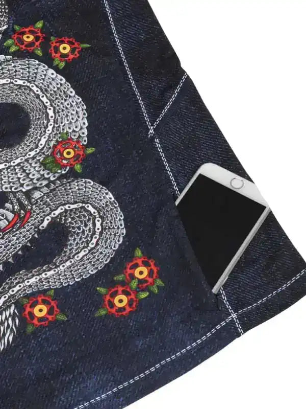 Denim cycling shorts with chain and floral embroidery, phone pocket detail