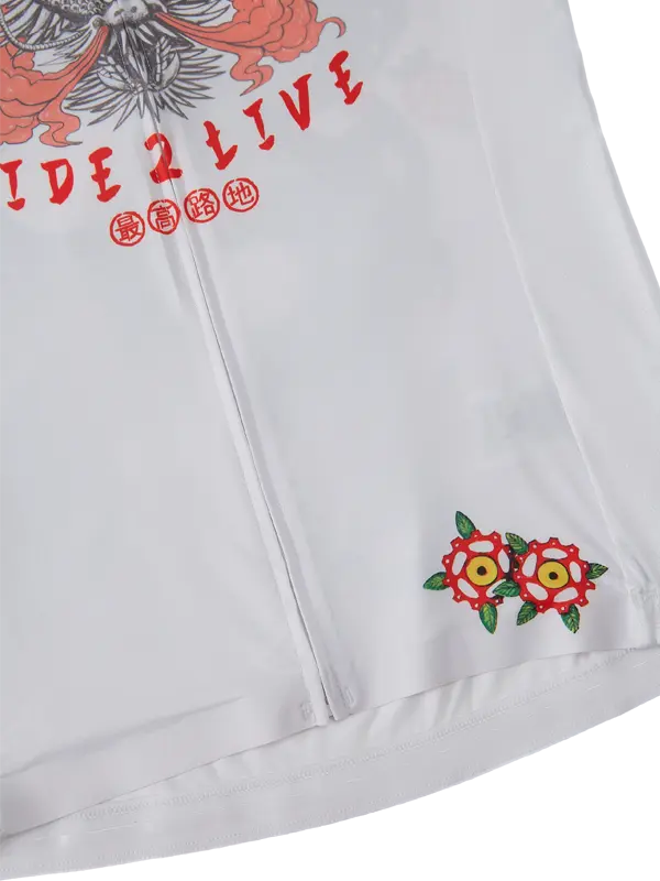 White cycling jersey with a dragon graphic and the text ' RIDE 2 LIVE' on the front, along with floral designs on the sleeves.
