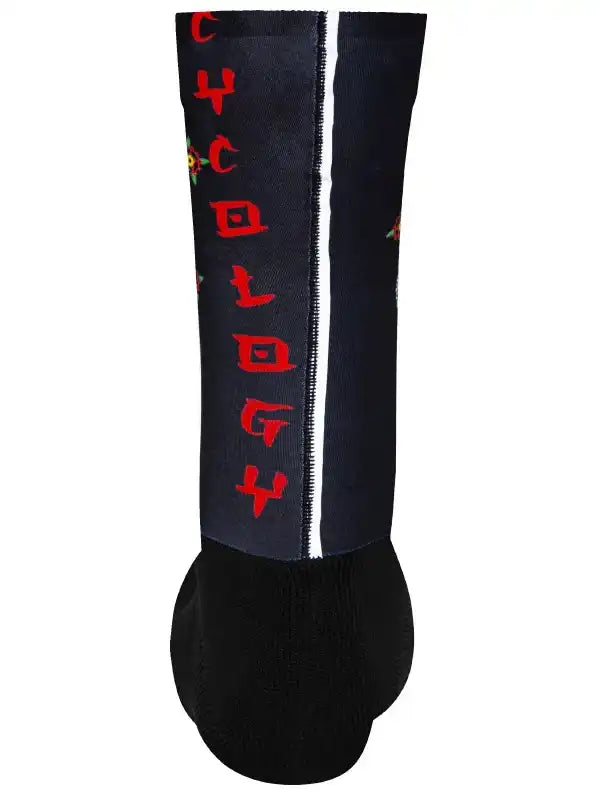 Black cycling sock with red vertical lettering and white stripe, designed for men's and women's bike rides