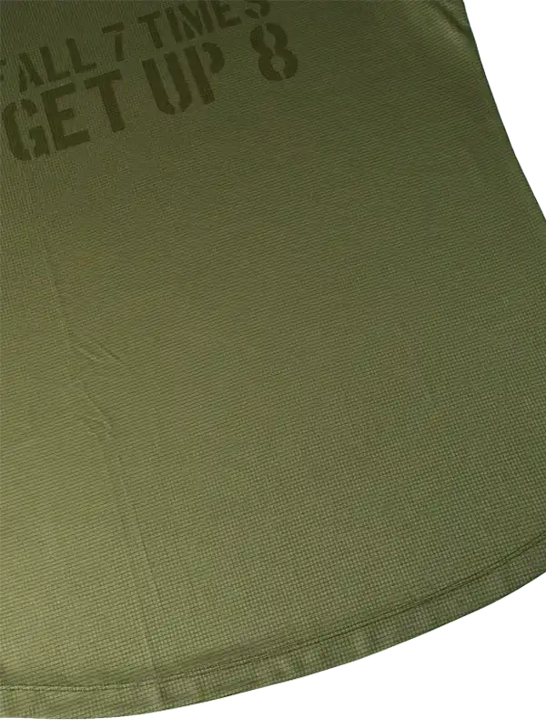 Olive green cycling jersey with 'Fall 7 Times Get Up 8' print, motivational design for riders