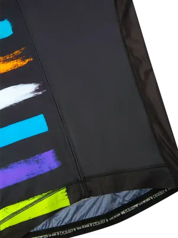 Black cycling jersey with vibrant neon brushstroke design, high-quality fabric, zippered pocket detail