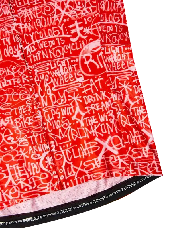 Red cycling jersey with graffiti-style text design, lightweight fabric for men and women