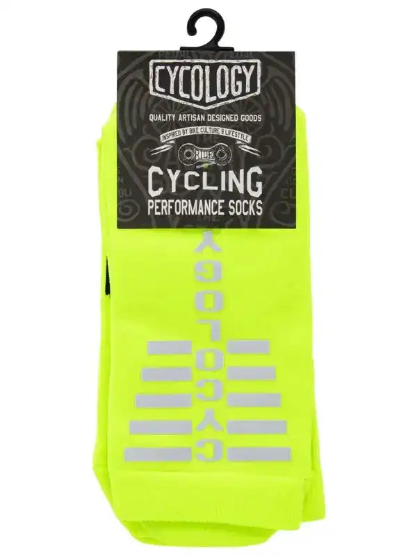 Bright neon yellow cycling performance socks with reflective 'CYCOLOGY' branding, ideal for bike rides and active lifestyle.