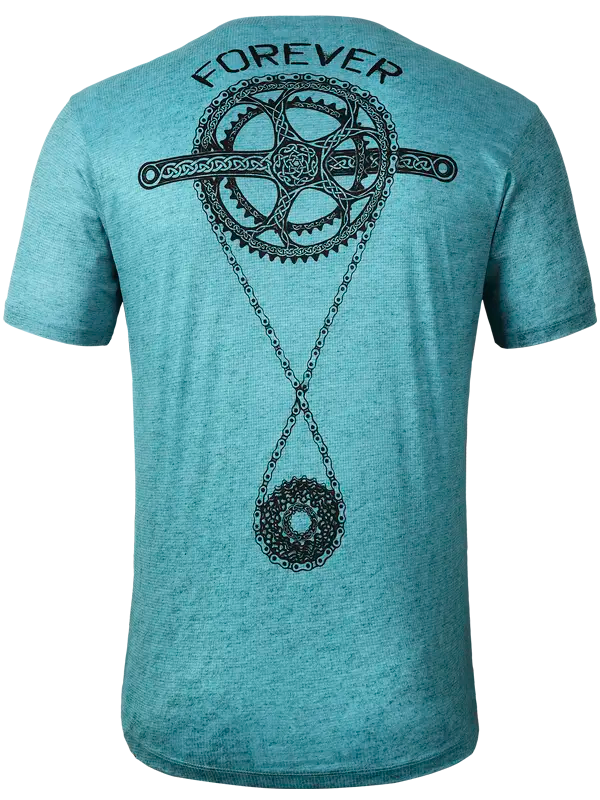 Teal Tech t-shirt with a black gear and chain design on the back, featuring the word 'FOREVER'.