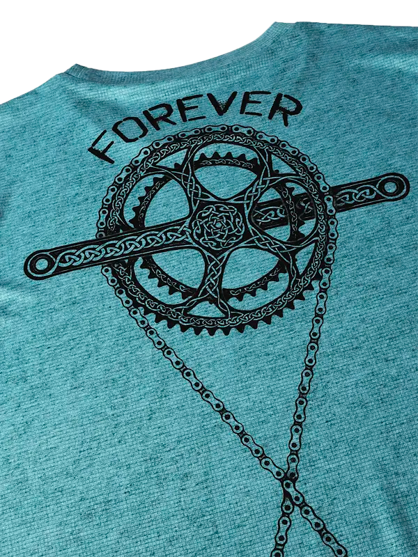 Teal Technical t-shirt with a black bicycle chain and gear design on the back, featuring the word 'FOREVER'.