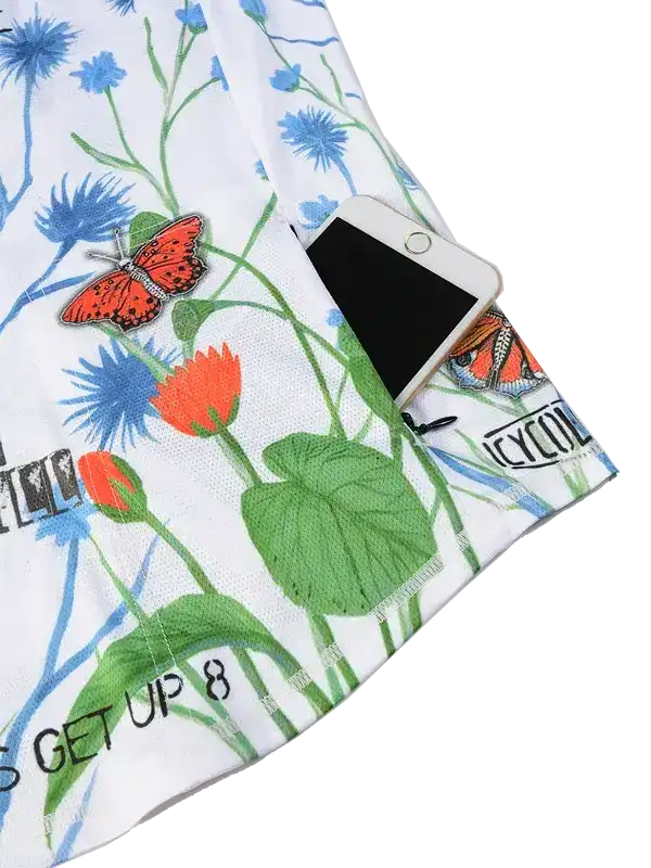 Cycling jersey with floral and butterfly print, phone pocket, and 'GET UP 8' text