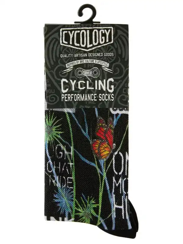 Cycling performance socks with butterfly & plant print, artisan designed for bike culture
