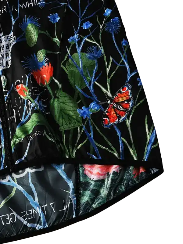 Black cycling jersey with vibrant floral and butterfly print, ideal for men's and women's rides