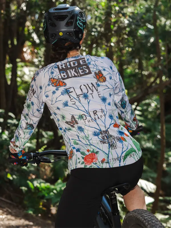 Gangsta White Womens Long Sleeve MTB Jersey Back on model | Cycology AUS