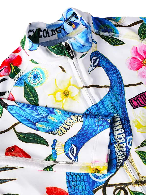 Goddess White Women's Long Sleeve Summer Cycling Jersey with peacock and floral pattern on a white background